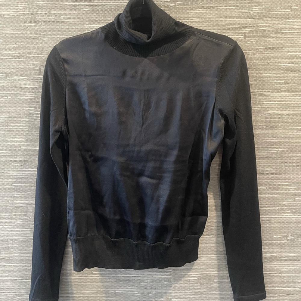Elie Tahari black turtleneck blouse. Sz small. Silk front. Great for holidays.